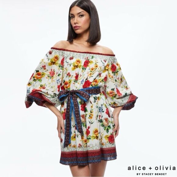 Alice + Olivia **NWT** Mary Off Shoulder Tie Belt Dress Dew Floral - Picture 6 of 8